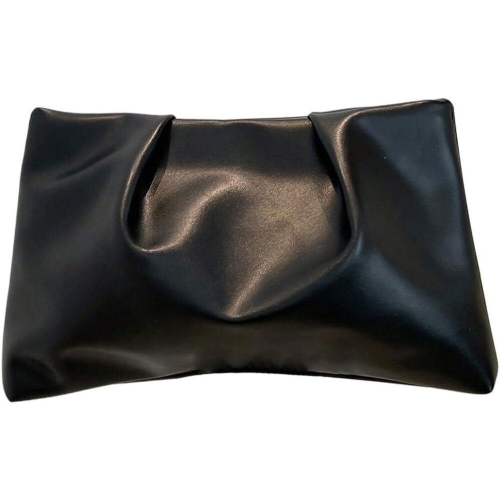Women's Black Pu Leather Small Zipper Ruched Minimalist Smooth Casual Handbag